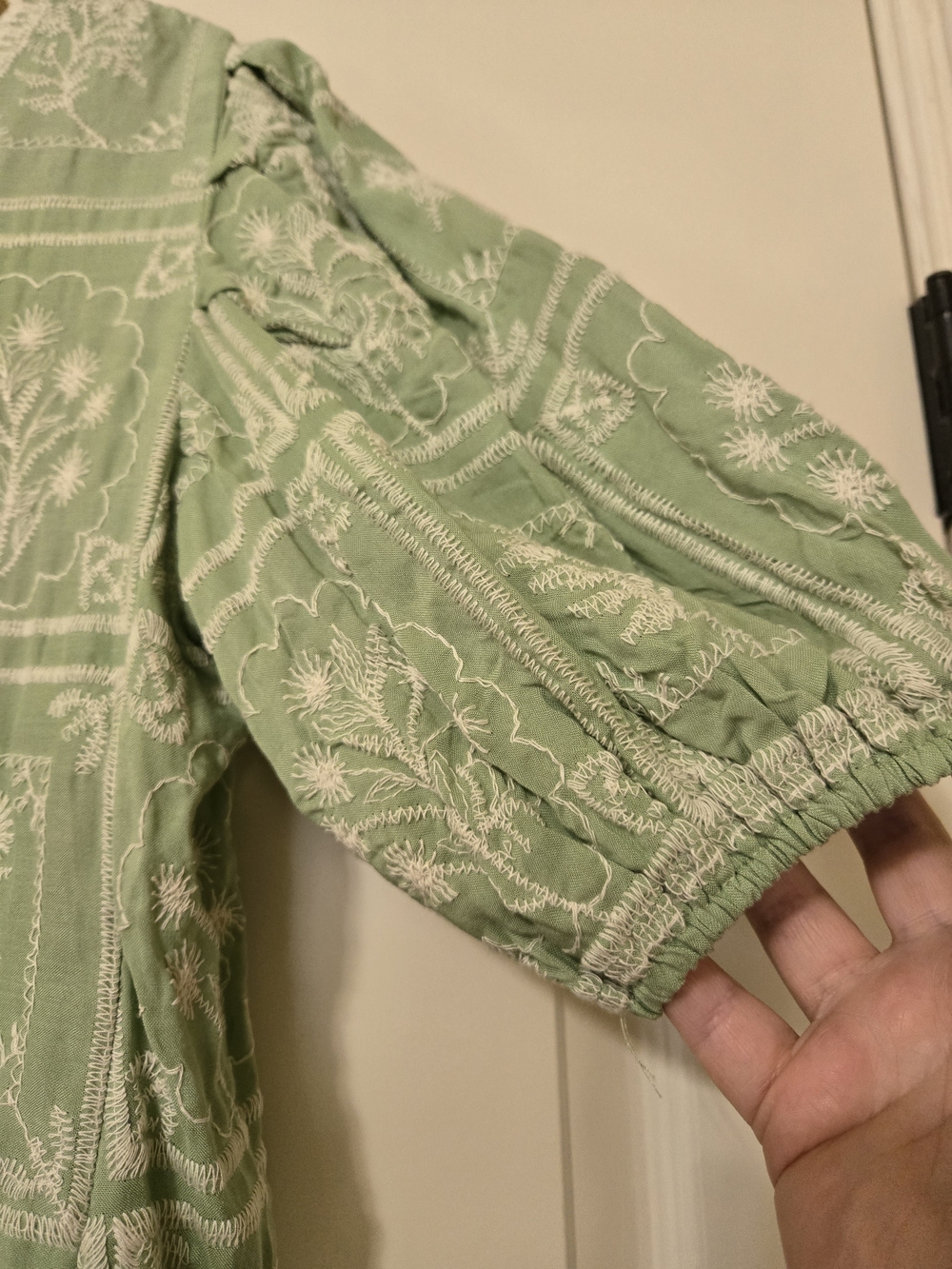 Solitaire Mint Green Embroidered Puff Sleeve Blouse Feminine Layering - Picture 3 of 8